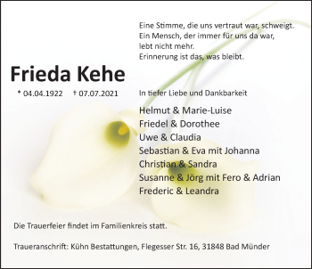Traueranzeige von Frieda Kehe von Deister- und Weserzeitung