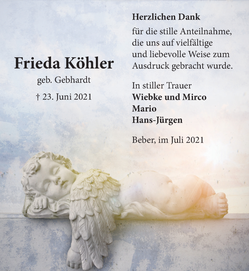  Traueranzeige für Frieda Köhler vom 24.07.2021 aus Neue Deister-Zeitung