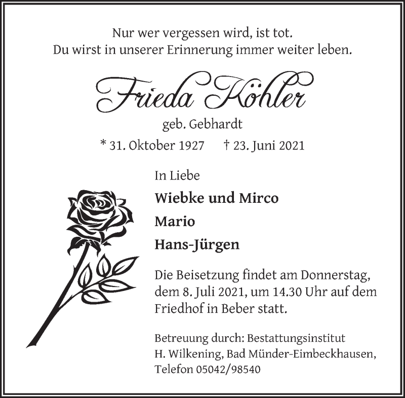  Traueranzeige für Frieda Köhler vom 06.07.2021 aus Neue Deister-Zeitung