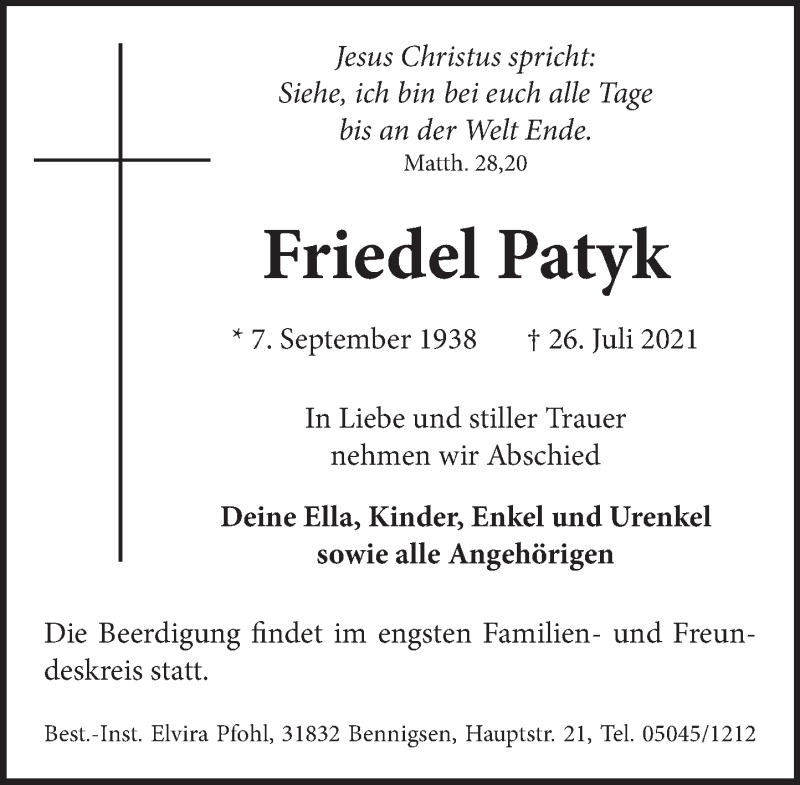  Traueranzeige für Friedel Patyk vom 28.07.2021 aus Neue Deister-Zeitung