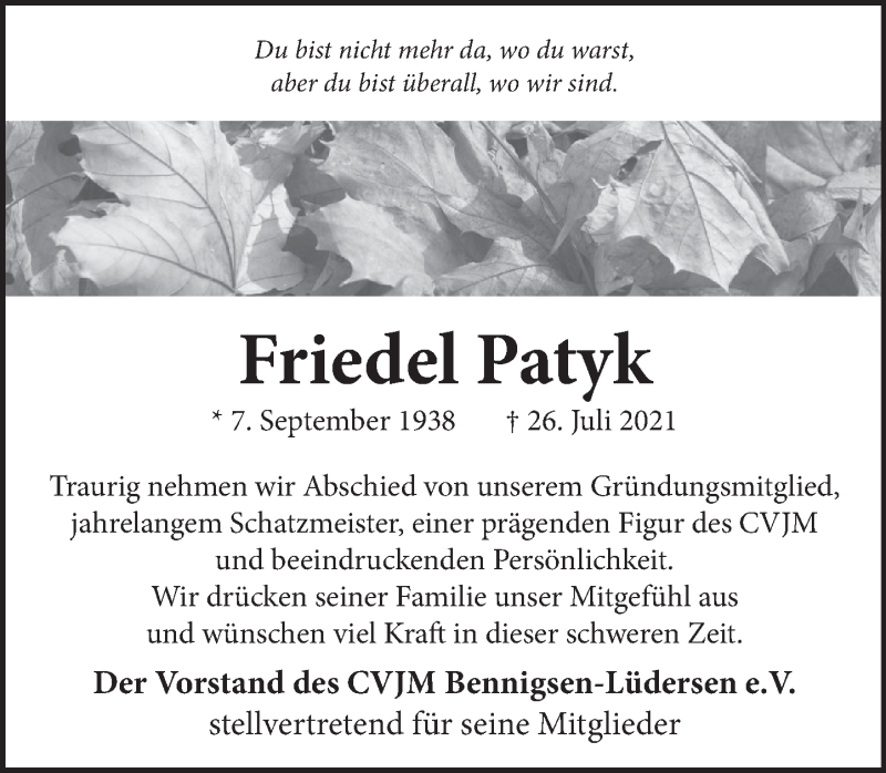  Traueranzeige für Friedel Patyk vom 31.07.2021 aus Neue Deister-Zeitung