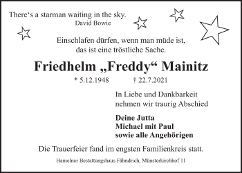 Traueranzeige von Friedhelm Mainitz von Deister- und Weserzeitung