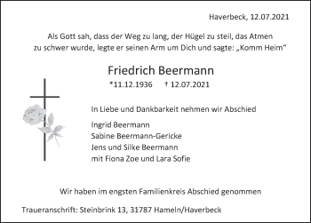 Traueranzeige von Friedrich Beermann von Deister- und Weserzeitung