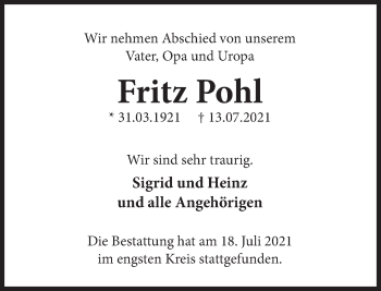 Traueranzeige von Fritz Pohl von Deister- und Weserzeitung