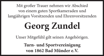 Traueranzeige von Georg Zundel von Neue Deister-Zeitung