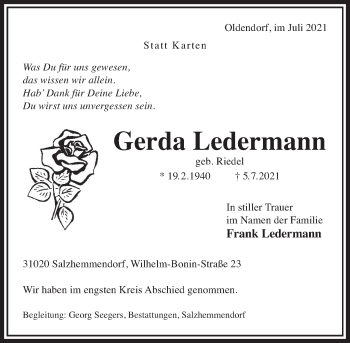 Traueranzeige von Gerda Ledermann von Deister- und Weserzeitung
