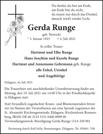 Traueranzeige von Gerda Runge von Neue Deister-Zeitung