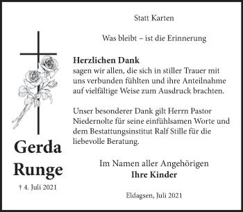 Traueranzeige von Gerda Runge von Neue Deister-Zeitung