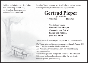 Traueranzeige von Gertrud Pieper von Deister- und Weserzeitung