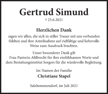 Traueranzeige von Gertrud Simund von Deister- und Weserzeitung