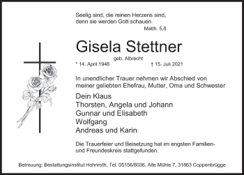 Traueranzeige von Gisela Stettner von Deister- und Weserzeitung