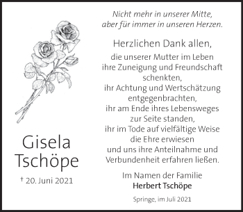 Traueranzeige von Gisela Tschöpe von Neue Deister-Zeitung