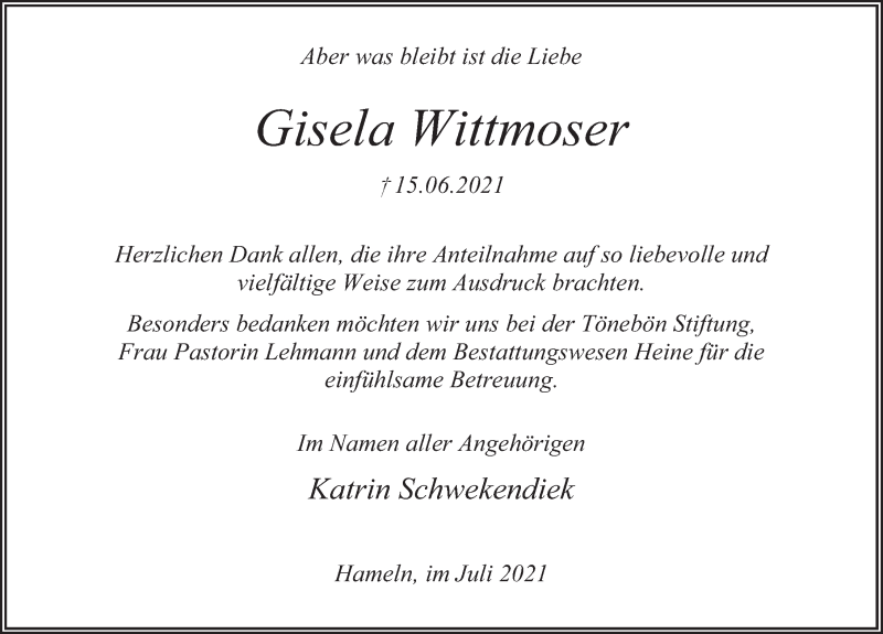  Traueranzeige für Gisela Wittmoser vom 24.07.2021 aus Deister- und Weserzeitung