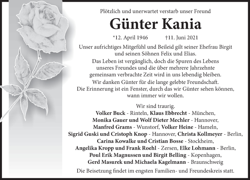  Traueranzeige für Günter Kania vom 10.07.2021 aus Deister- und Weserzeitung