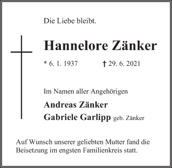 Traueranzeige von Hannelore Zänker von Deister- und Weserzeitung