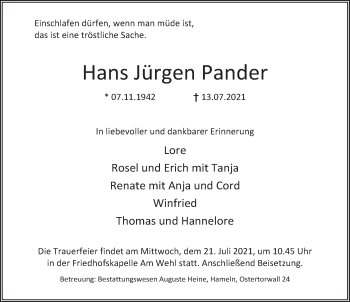 Traueranzeige von Hans Jürgen Pander von Deister- und Weserzeitung