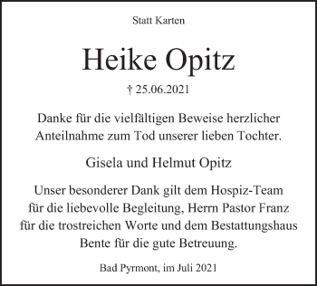 Traueranzeige von Heike Opitz von Deister- und Weserzeitung