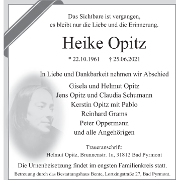 Traueranzeige von Heike Opitz von Deister- und Weserzeitung