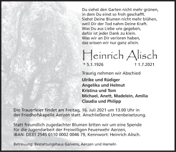 Traueranzeige von Heinrich Alisch von Deister- und Weserzeitung
