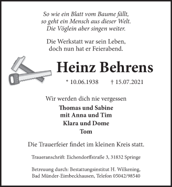 Traueranzeige von Heinz Behrens von Neue Deister-Zeitung