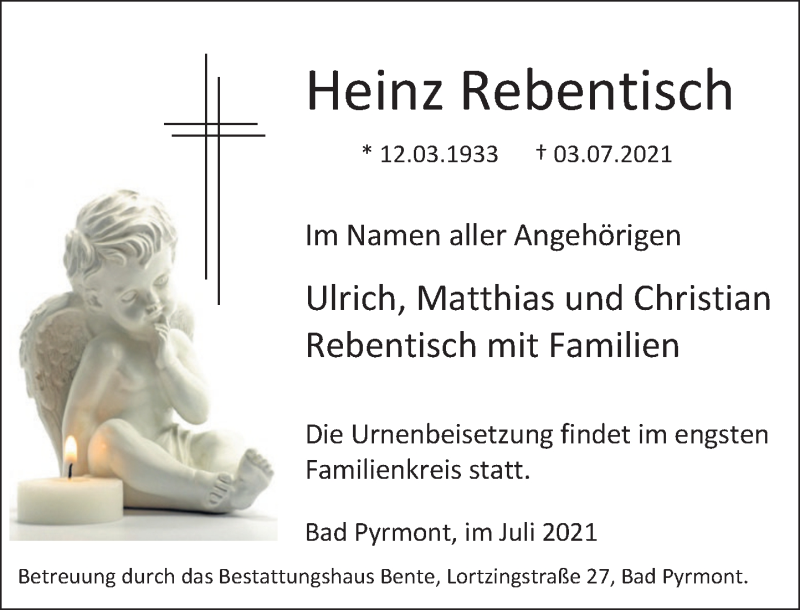  Traueranzeige für Heinz Rebentisch vom 10.07.2021 aus Deister- und Weserzeitung
