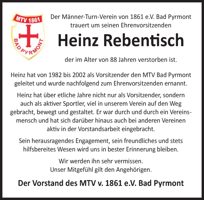  Traueranzeige für Heinz Rebentisch vom 10.07.2021 aus Deister- und Weserzeitung
