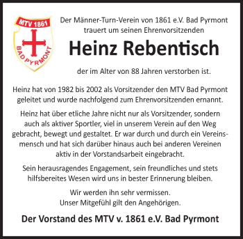 Traueranzeige von Heinz Rebentisch von Deister- und Weserzeitung