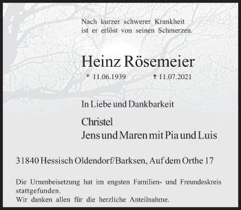 Traueranzeige von Heinz Rösemeier von Deister- und Weserzeitung
