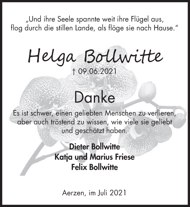  Traueranzeige für Helga Bollwitte vom 17.07.2021 aus Deister- und Weserzeitung