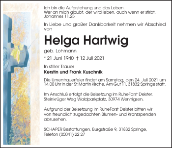 Traueranzeige von Helga Hartwig von Neue Deister-Zeitung