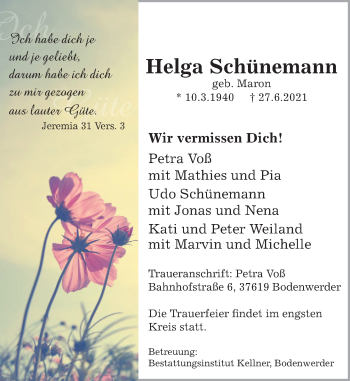 Traueranzeige von Helga Schünemann von Deister- und Weserzeitung