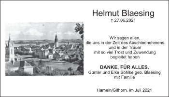 Traueranzeige von Helmut Blaesing von Deister- und Weserzeitung
