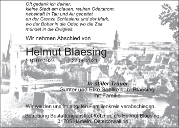 Traueranzeige von Helmut Blaesing von Deister- und Weserzeitung