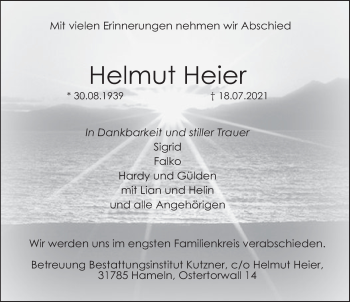 Traueranzeige von Helmut Heier von Deister- und Weserzeitung