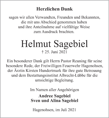 Traueranzeige von Helmut Sagebiel von Deister- und Weserzeitung