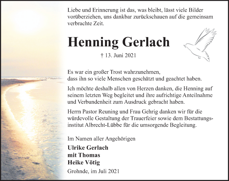  Traueranzeige für Henning Gerlach vom 17.07.2021 aus Deister- und Weserzeitung
