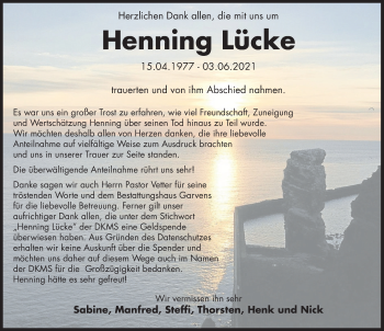 Traueranzeige von Henning Lücke von Deister- und Weserzeitung