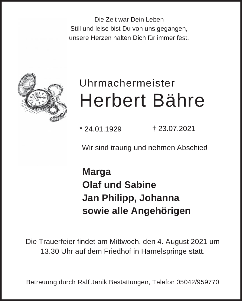  Traueranzeige für Herbert Bähre vom 31.07.2021 aus Neue Deister-Zeitung