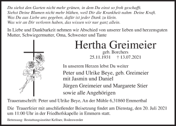 Traueranzeige von Hertha Greimeier von Deister- und Weserzeitung