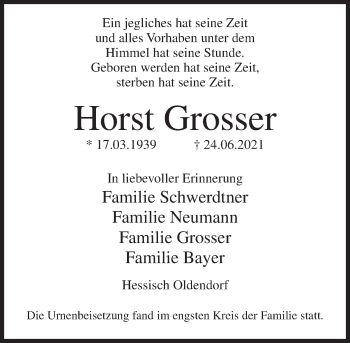 Traueranzeige von Horst Grosser von Deister- und Weserzeitung