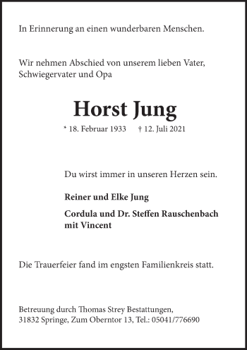 Traueranzeige von Horst Jung von Neue Deister-Zeitung
