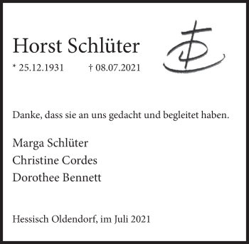 Traueranzeige von Horst Schlüter von Deister- und Weserzeitung