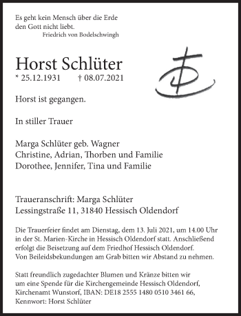Traueranzeige von Horst Schlüter von Deister- und Weserzeitung