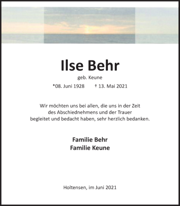 Traueranzeige von Ilse Behr von Deister- und Weserzeitung