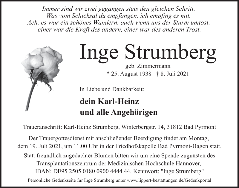  Traueranzeige für Inge Strumberg vom 17.07.2021 aus Deister- und Weserzeitung