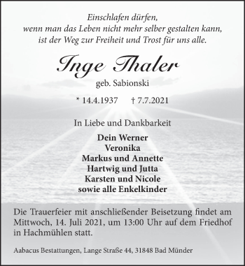 Traueranzeige von Inge Thaler von Neue Deister-Zeitung