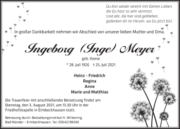 Traueranzeige von Ingeborg Meyer von Neue Deister-Zeitung