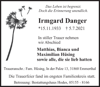 Traueranzeige von Irmgard Danger von Deister- und Weserzeitung