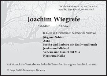 Traueranzeige von Joachim Wiegrefe von Deister- und Weserzeitung