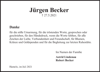 Traueranzeige von Jürgen Becker von Deister- und Weserzeitung